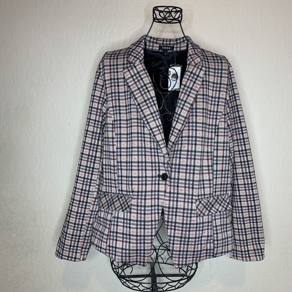 Torrid Womens Light Taupe Plaid Double Knit Blazer Jacket